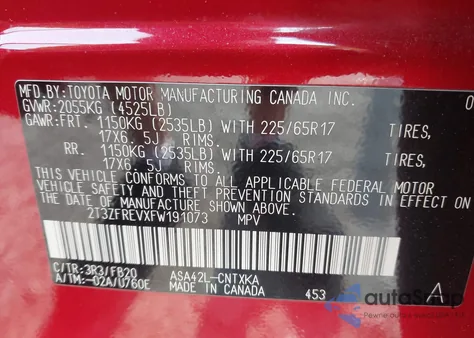 2015 Toyota Rav4 Le из США, поврежденный, VIN 2T3ZFREVXFW191073